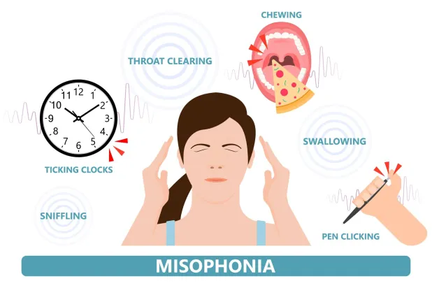 يشمل الاضطراب النفور من أصوات: الشهيق وحركة عقارب الساعة وسعال تطهير الحلق والمضغ والبلع وكبسة زر القلم