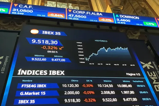شاشة في بورصة مدريد الإسبانية تعرض تحركات الأسهم على مؤشر «إيبكس 35» (إ.ب.أ)