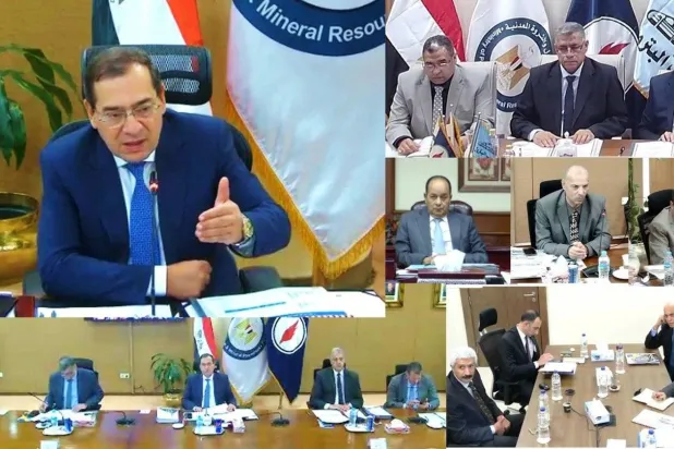 Egypt’s Minister of Petroleum and Mineral Resources Tarek El-Molla and heads of government oil companies during the meeting. (Asharq Al-Awsat) 