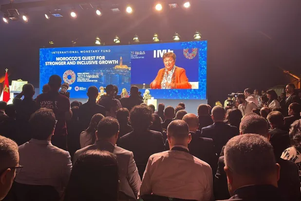 مديرة صندوق النقد الدولي كريستالينا غورغييفا في جلسة مخصصة للمغرب في اجتماعات مراكش (الشرق الأوسط)