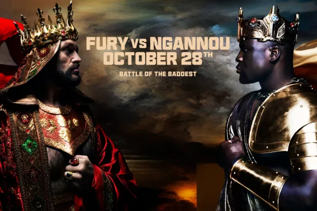 بوستر على الموقع للنزال التاريخي الكبير بين تايسون فيوري وفرنسيس أنجانو الذي يتزامن مع افتتاح «موسم الرياض 2023»