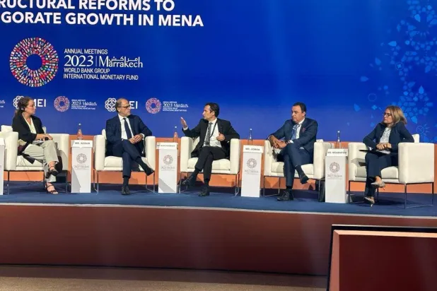 A session on structural reforms in the MENA region during the meetings of the International Monetary Fund and the World Bank in Marrakesh (Asharq Al-Awsat)