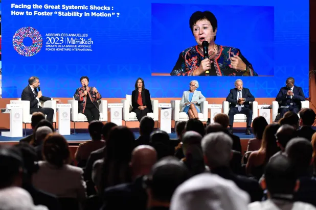 جانب من الاجتماعات السنوية للبنك وصندوق النقد الدوليين المنعقدة في مراكش (إ.ب.أ)