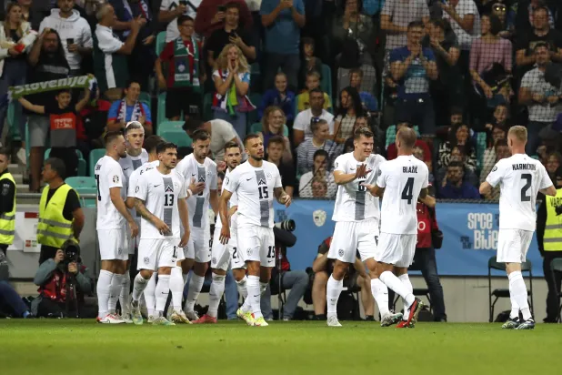 لاعبو منتخب سلوفينيا يحتفلون بالتسجيل في مرمى فنلندا (إ.ب.أ)