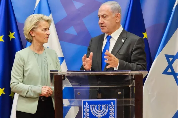 European Commission President Ursula von der Leyen listens to Israeli Prime Minister Benjamin Netanyahu in Tel Aviv on Friday (DPA)