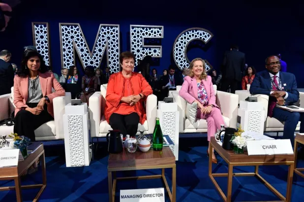 [From left to right] Deputy Director of the IMF Gita Gopinath, IMF Director Kristalina Georgieva, and Acting Spanish Minister of Economy, Nadia Calvino, in a session at the Fund’s meetings in Marrakesh, October 14, 2023. (AP) 