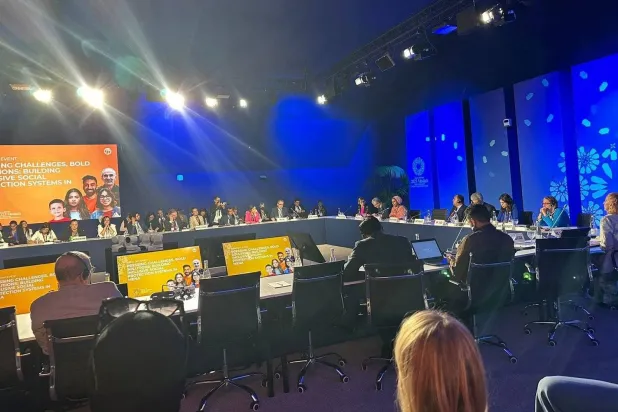 Egyptian Minister of Finance Mohamed Maait participates in a session entitled, “Building Social Protection in the Middle East and North Africa”, at the International Monetary Fund and World Bank meetings in Marrakesh. (Asharq Al-Awsat) 