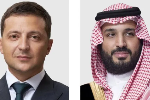 سعودی ولی عہد شہزادہ محمد بن سلمان اور یوکرین کے صدر ولادیمیر زیلنسکی (سعودی وزارت خارجہ)