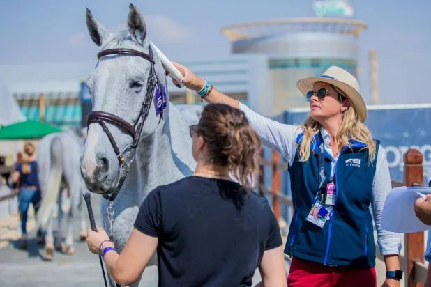 سيدتان تقفان أمام إحدى الخيول التي ستنافس في لونجين لقفز الحواجز (الشرق الأوسط)