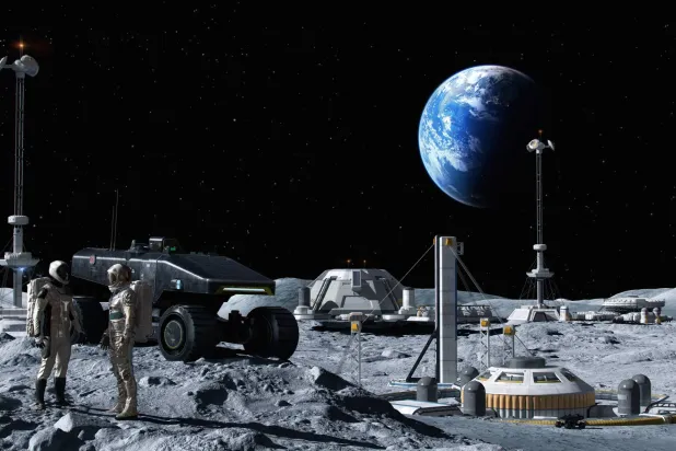 صورة تخيلية لرود فضاء وعربات جوالة على القمر