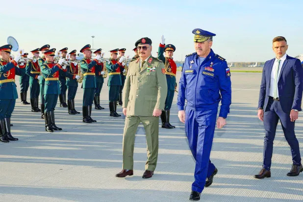LNA commander Khalifa Haftar is seen with Russian Deputy Defense Minister Yunus-bek Yevkurov during the former’s visit to Russia in September. (AFP) 
