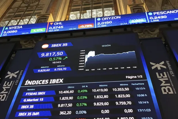 شاشة تعرض تحركات الأسهم بمؤشر «إيبكس 35» في بورصة العاصمة الإسبانية مدريد (إ.ب.أ)