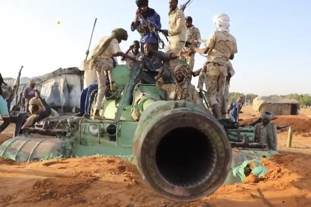 A snapshot from a video broadcasted by the RSF depicting their forces at the headquarters of the 20th Infantry Division in El Daein, Darfur (Asharq Al-Awsat)
