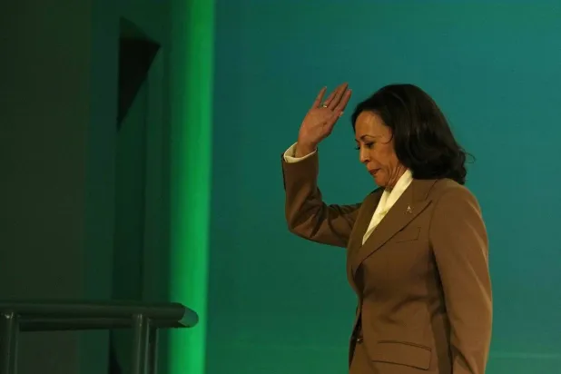  US Vice President Kamala Harris addresses the audience after delivering a speech on Saturday at the COP28 summit in Dubai (AP)