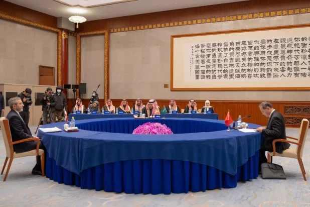 Officials are seen at the first meeting of the Saudi-Chinese-Iranian tripartite committee in Beijing on Friday. (SPA)