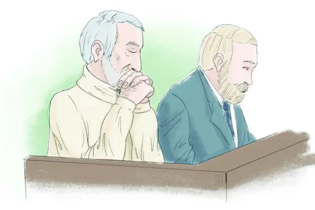 1988 infazlarına karışmakla suçlanan Hamid Nuri'nin 23 Kasım 2021'de Stockholm'deki duruşması sırasında çizilen bir resmi (Reuters)