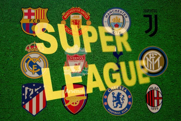 صورة تُظهر عبارة «دوري السوبر» أمام 12 شعاراً لأفضل أندية كرة القدم في أوروبا في هذا الرسم التوضيحي الذي تم التقاطه في 19 أبريل 2021 (رويترز)
