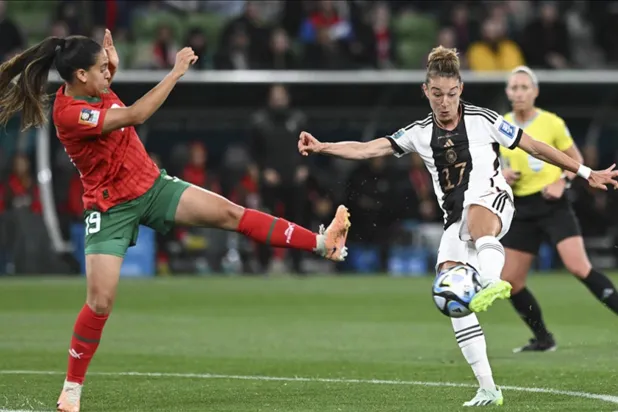جانب من مواجهة منتخب ألمانيا للسيدات ومنتخب المغرب ضمن منافسات مونديال كأس العالم للسيدات (الشرق الأوسط)