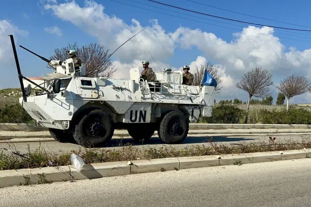 An armored vehicle of the United Nations Interim Forces in Lebanon (UNIFIL) patrols in Khiyam plain, near the border with Israel, in Lebanon, 29 December 2023. (EPA)