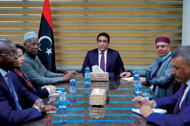 من لقاء سابق بين رئيس المجلس الرئاسي الليبي ونائبه اللافي والمبعوث الأممي (المجلس الرئاسي)