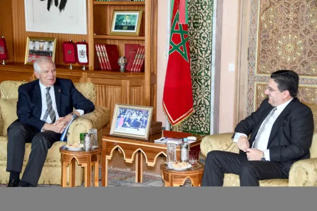 جانب من اللقاء الذي جمع جوزيب بوريل وناصر بوريطة في الرباط اليوم الخميس (أ.ف.ب)