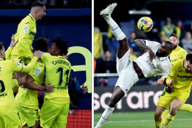 جانب من مباراة فياريال وريال مدريد (أ.ف.ب)  -  لاعبو فياريال يحتفلون بهدفهم الثاني في الريال (أ.ف.ب)