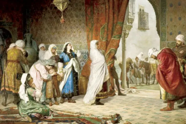 لوحة «خروج عائلة أبي عبد الله الصغير» للمؤرخ والرسام مانويل غوميز مورينو غونزاليس (1834 - 1918)