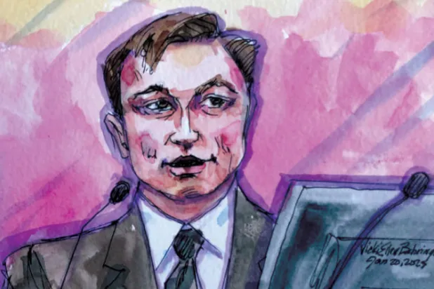 رسم لإيلون ماسك خلال مثوله في المحكمة أول من أمس (أ.ب)