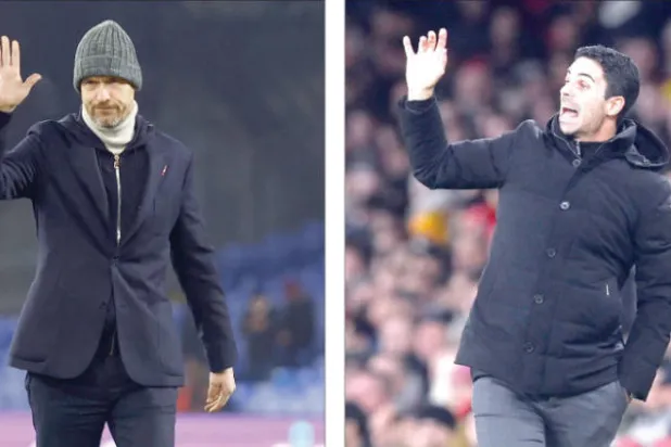 ميكيل أرتيتا مدرب أرسنال (إ.ب.أ) - إريك تين هاغ مدرب مانشستر يونايتد (رويترز)