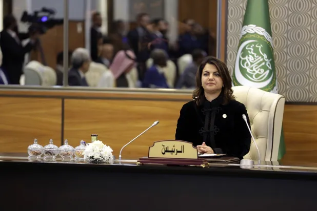 GNU Foreign Minister Najla Mangoush attends a meeting with other Arab Foreign Ministers in the capital of Tripoli, Sunday Jan. 22, 2023. (AP)
