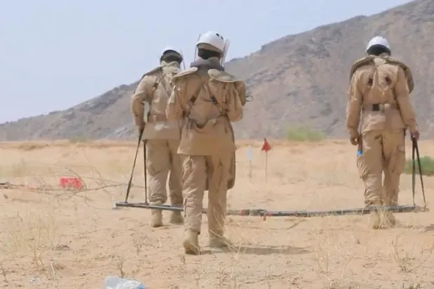 عاملون في مشروع «مسام» السعودي يقومون بتطهير الأراضي اليمنية من ألغام الحوثيين (مشروع مسام)