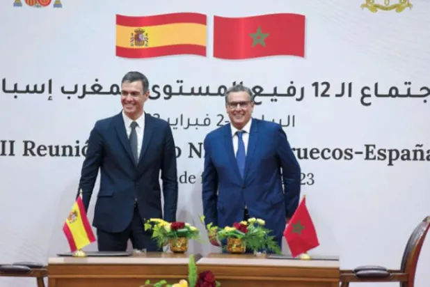 Moroccan Prime Minister Aziz Akhannouch and his Spanish counterpart, Pedro Sanchez, inaugurate the 12th high-level summit meeting between Morocco and Spain in Rabat on Thursday. (AP)