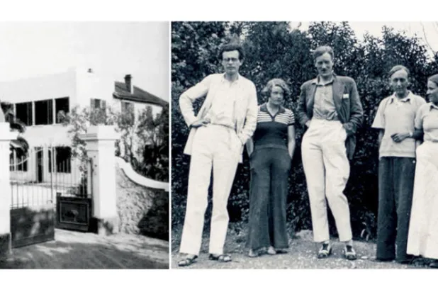 هكسلي في وسط الصورة ويبدو دي. إتش. لورانس على اليسار   -