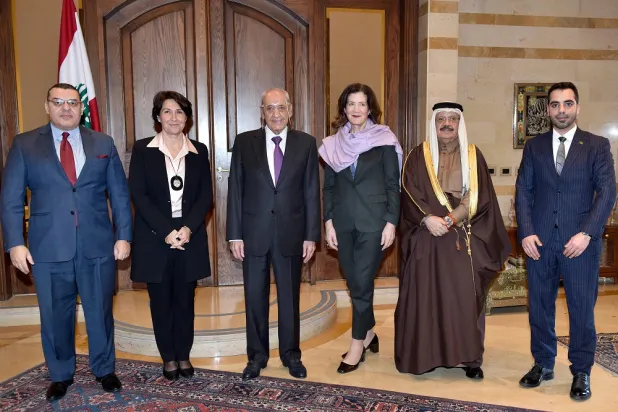 A handout picture provided by the Lebanese parliament website shows Lebanese parliament Speaker Nabih Berri (3rd-L) posing for a group photo with ambassadors and representatives of Egypt (L), France (2nd-L), the United States (3rd-R), Saudi Arabia, and Qatar at the parliament headquarters in the capital Beirut on February 13, 2023. (Lebanese parliament/AFP) 