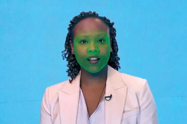 A face covered by a wireframe, which is used to create a deepfake image. Reuters TV, via Reuters