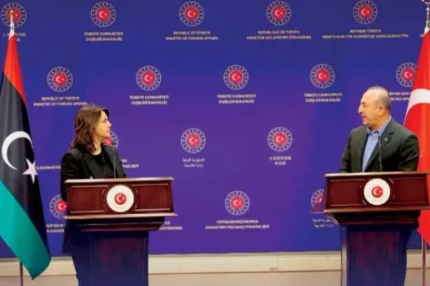 Libya Dışişleri Bakanı Menguş ile Dışişleri Bakanı Mevlüt Çavuşoğlu’nun Ankara'da düzenledikleri ortak basın toplantısından bir kare (UBH)