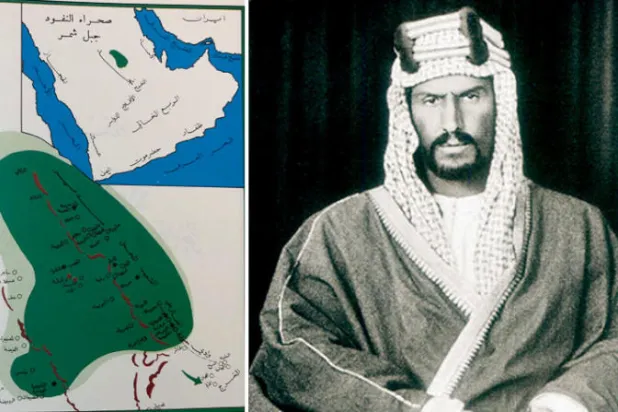 الإمام محمد بن سعود   -    خريطة انتشار الدولة السعودية الأولى في بداية انطلاقتها من الدرعية - السهم يشير إلى اتجاه انتشارها والدوائر تحدد بعض المدن والقرى التي انضمت للدولة (الشرق الأوسط)