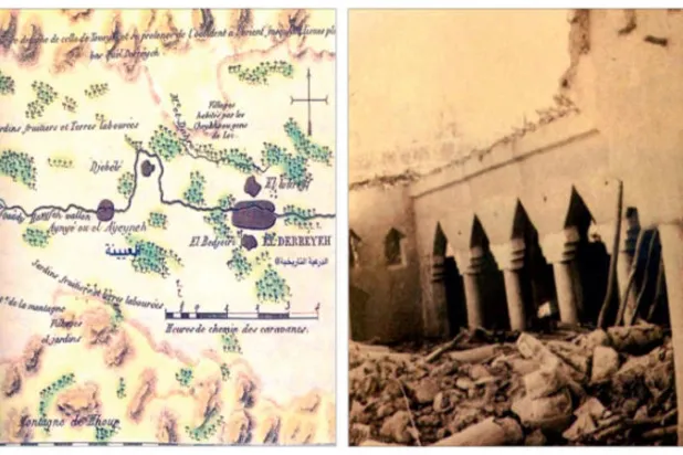 مسجد في الدرعية طاله الخراب والهدم خلال حملة إبراهيم باشا عام 1818  -   خريطة عسكرية فرنسية للدرعية وُضعت عام 1798 إبان الحملة الفرنسية على مصر بقيادة نابليون بونابرت