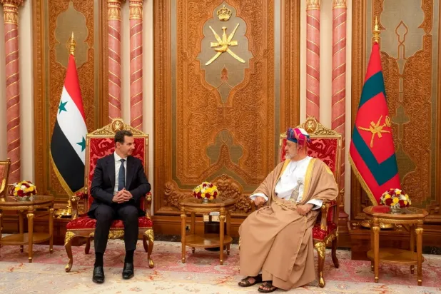 Syria's President Bashar al-Assad meets with Oman's Sultan Haitham bin Tariq, in Muscat, Oman February 20, 2023. (Syrian Presidency/Handout via Reuters)