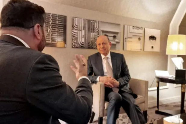 Dr. Rashad al-Alimi speaks to Asharq Al-Awsat during an interview in Brussels. (Asharq Al-Awsat)