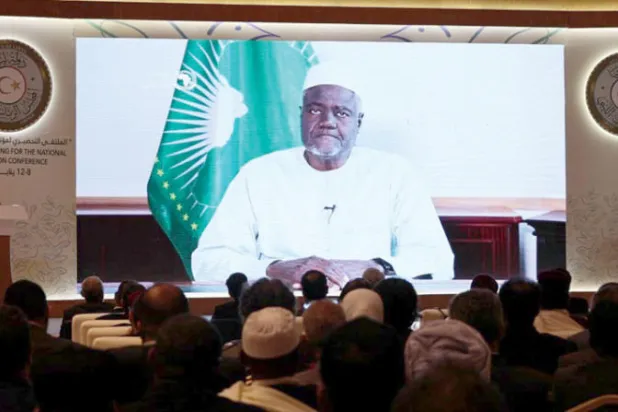 موسى فقي رئيس مفوضية الاتحاد الأفريقي خلال كلمته بمؤتمر تحضيري للمصالحة الوطنية في ليبيا الشهر الماضي (المجلس الرئاسي)