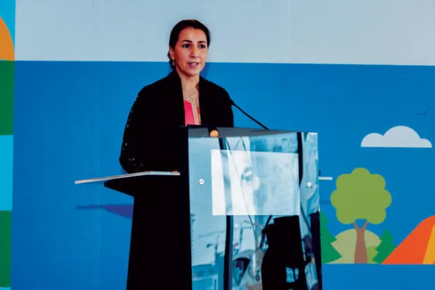 وزيرة التغير المناخي والبيئة في الإمارات خلال الإعلان عن إطلاق المبادرة أمس (الشرق الأوسط)