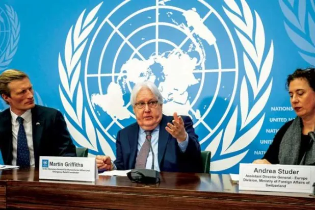 منسق الإغاثة الأممي في حالات الطوارئ مارتن غريفيث خلال مؤتمر صحافي مشترك قبل مؤتمر المانحين للأزمة الإنسانية في اليمن بجنيف (أ.ف.ب)