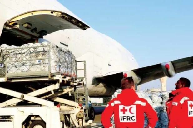 European Union (EU) humanitarian aid arrives on a plane at Damascus International Airport, in the aftermath of a deadly earthquake, in Syria February 26, 2023. Syrian Arab Red Crescent/Handout via REUTERS