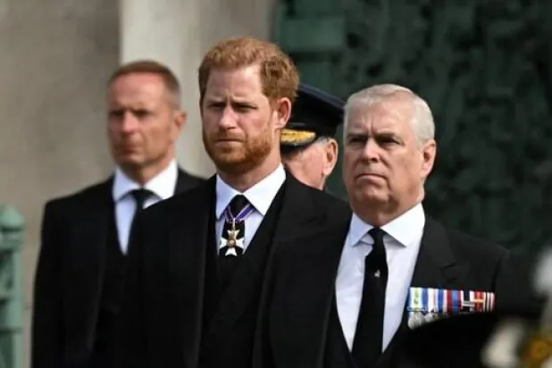 الأمير البريطاني هاري يقف خلف الأمير أندرو (رويترز)