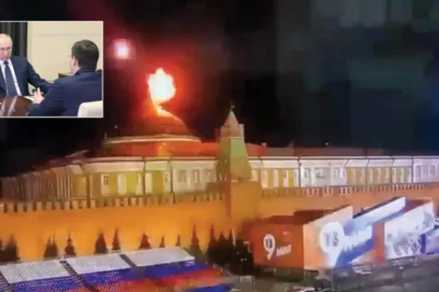 ایک ویڈیو کلپ جس میں کل کریملن کے قریب ہونے والے ایک دھماکے کو دکھایا گیا ہے (رائٹرز)... اور فریم میں پوٹن کل ماسکو کے باہر نوگوروڈ ریجن کے گورنر سے ملاقات کے دوران (ای پی اے)