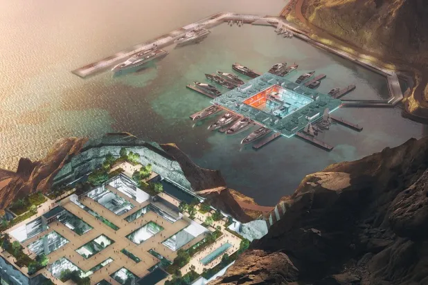 تقع «أكويلم» على ساحل خليج العقبة داخل سلسلة جبال خلابة تحيط بها يبلغ ارتفاعها 450 متراً (نيوم)