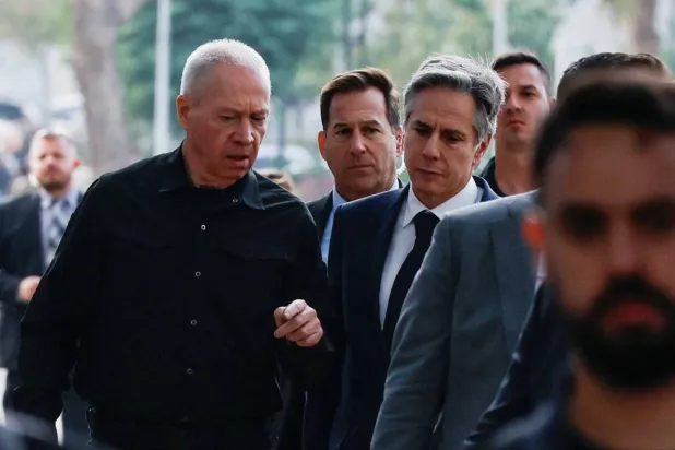 US Secretary of State Antony Blinken and his Israeli counterpart Yoav Galant in Tel Aviv on Tuesday (Reuters)