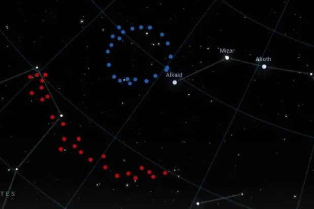رسم يسلط الضوء على مواقع الحلقة الكبيرة (باللون الأزرق) والقوس العملاق (باللون الأحمر) في السماء («بي بي سي» - «تويتر»)