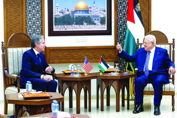 امریکی وزیر خارجہ انتھونی بلنکن کی 10 جنوری کو رم اللہ میں فلسطینی صدر محمود عباس سے ملاقات (ای پی اے)